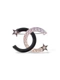 Broche Chanel CC En Email Noir Etoile Silver Strass