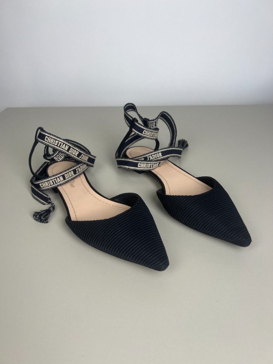 Dior Black Technical J'Adior Pointed Toe Ankle Wrap Flat Sandals