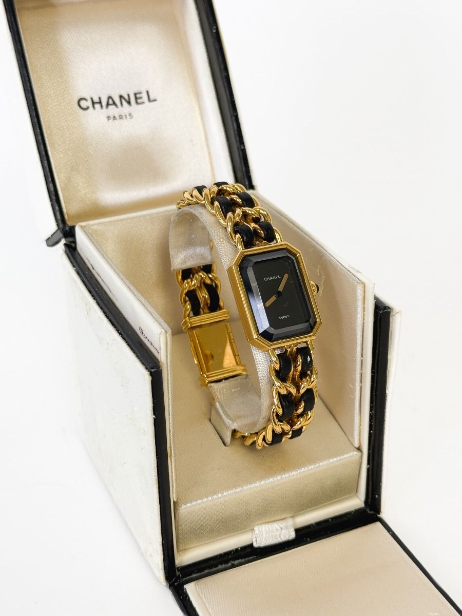 Chanel Première L Gold Plated Watch Interwoven with Black Leather