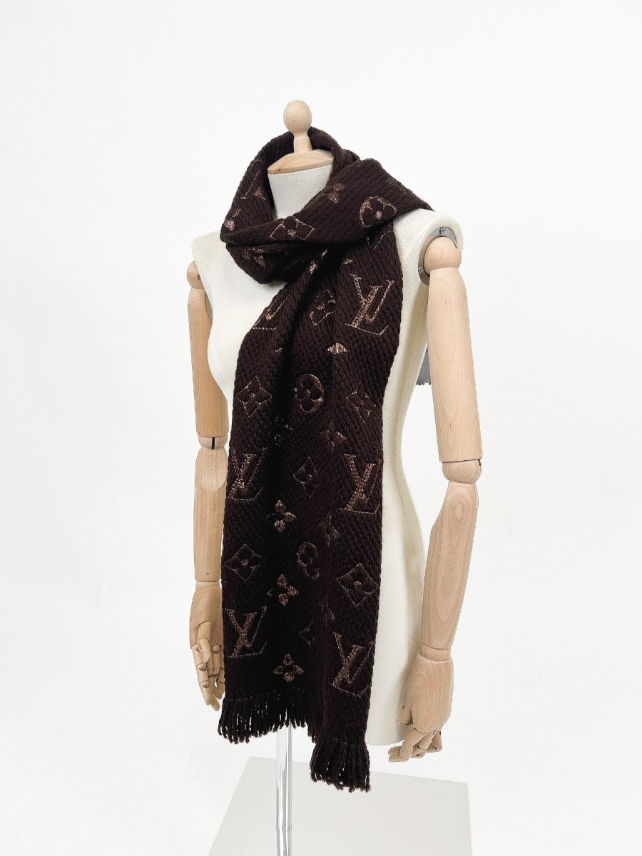Louis Vuitton Brown Wool and Silk Logomania Scarf | Myzah