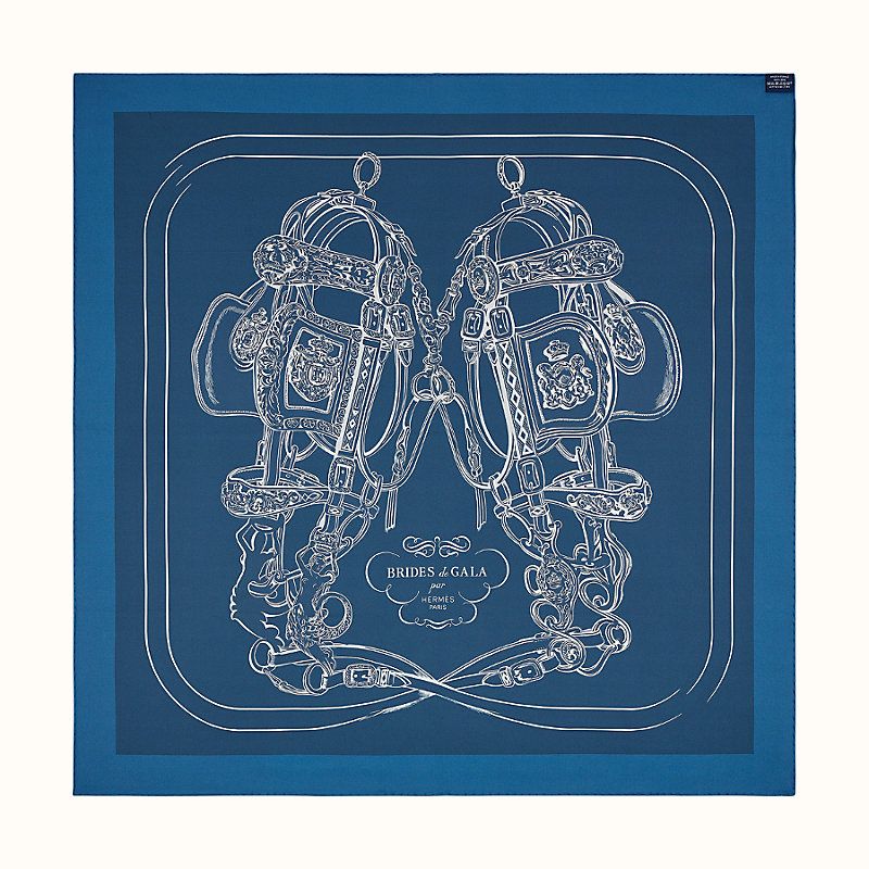 Hermès Silk Scarf 90 Brides De Gala Double Face Blue and Mordoré