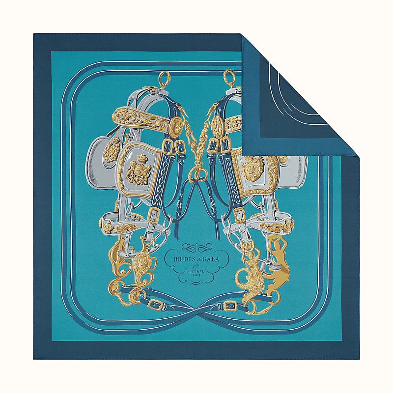 Hermès Silk Scarf 90 Brides De Gala Double Face Blue and Mordoré