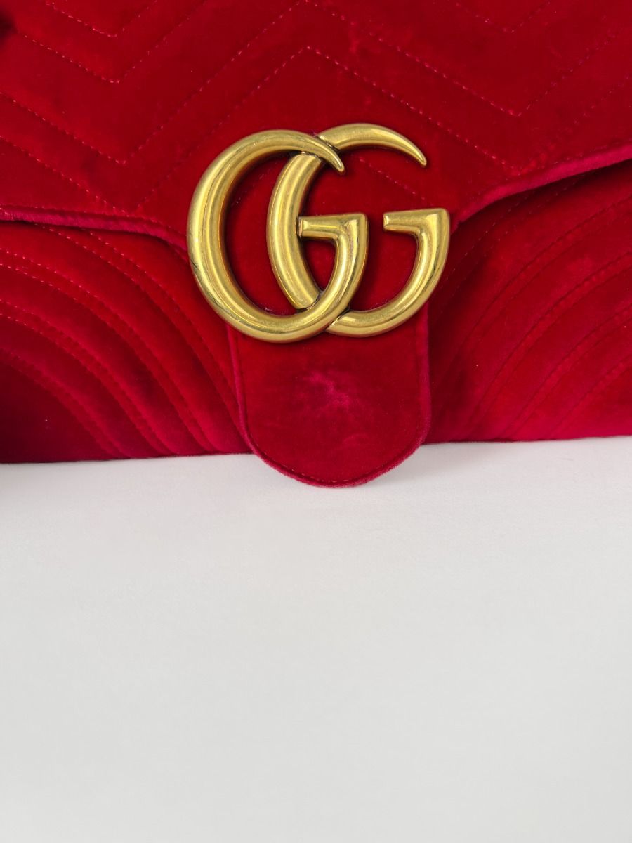 Gucci GG Marmont Medium Size Shoulder Bag in Red Quilted Velvet