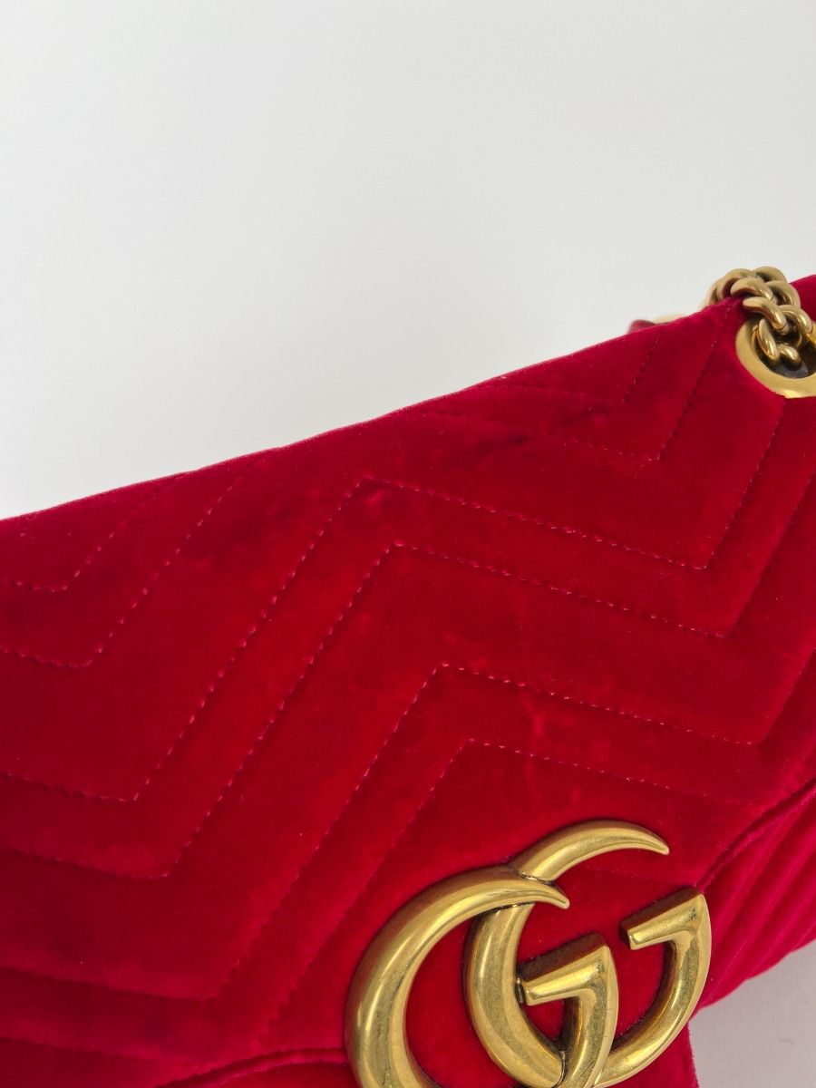 Gucci GG Marmont Medium Size Shoulder Bag in Red Quilted Velvet