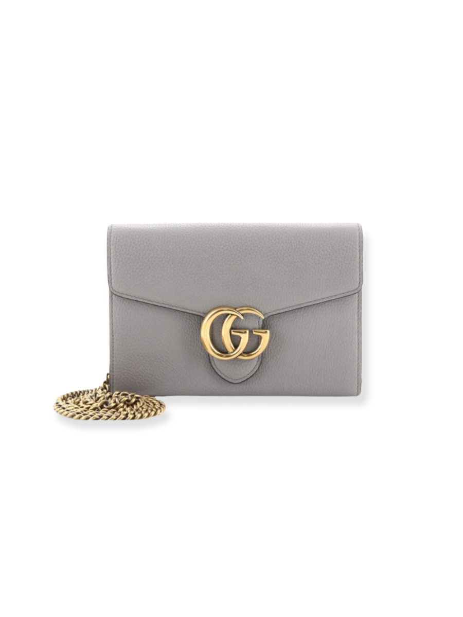 ♡GUCCI♡ウォレットチェーン⭐︎シルバーカラー×レザー⭐︎美品⭐︎ Grey Leather GG Marmont Wallet On Chain | Myzah