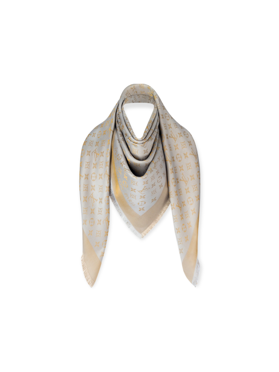 Monogram Shine Louis Vuitton Greige Shawl | Myzah Monogram Shine Louis Vuitton Greige Shawl | Myzah