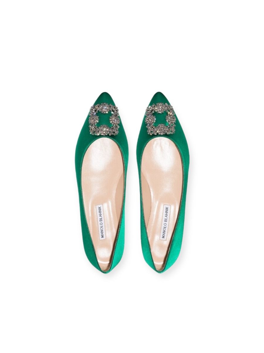 Manolo Blahnik Hangisi Green Point-Toe Flats | Myzah