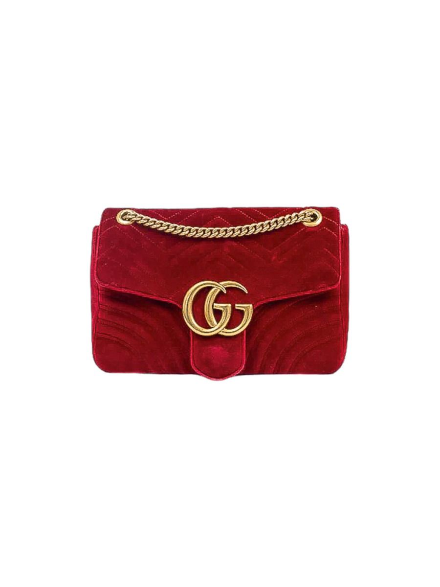 Gucci GG Marmont Medium Size Shoulder Bag in Red Quilted Velvet