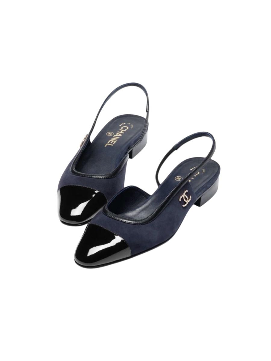 Flat Chanel Slingbacks Blue Suede Goatskin, Lambskin, and Patent