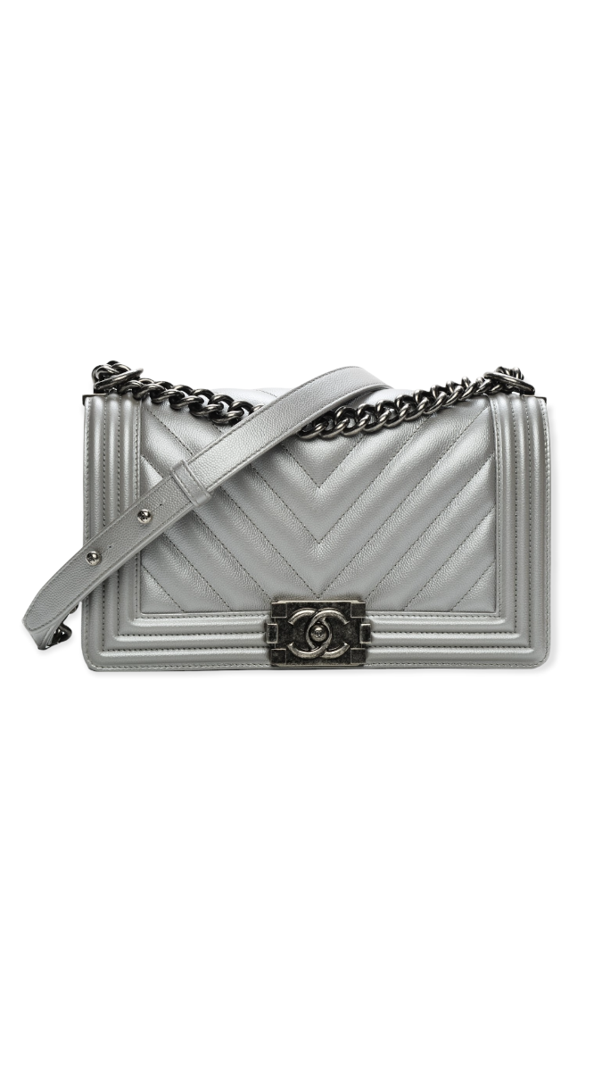 Sac Chanel Boy Medium En Cuir Chevron Argente