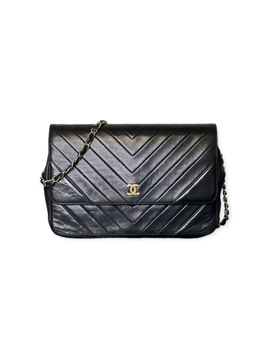 Sac À Main Chanel Vintage V Stitch En Cuir D'agneau Chevron Noir