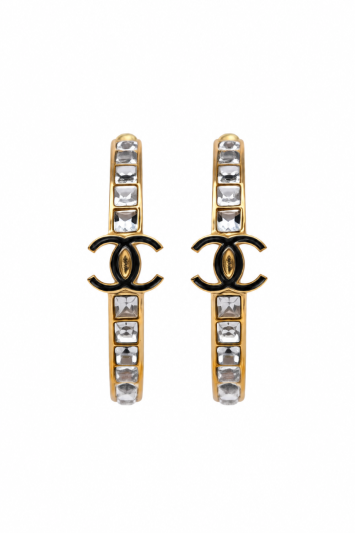 Chanel CC Hoop Earrings in Black Resin with Square Rhinestones