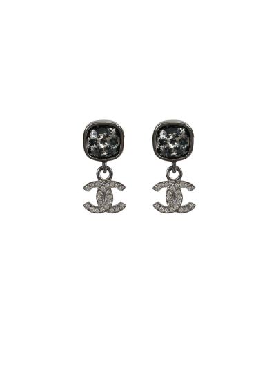 Chanel Double CC Drop Earrings with Silver Rhinestones