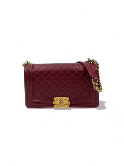 Sac à Main Chanel Boy en Cuir Matelassé Rouge Foncé Medium 