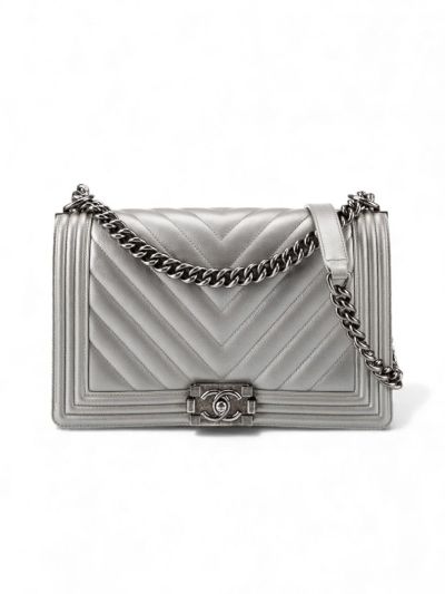 Sac Chanel Boy Large En Cuir Matelassé Gris Large 