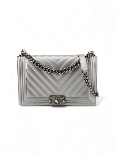 Sac Chanel Boy Large En Cuir Matelassé Gris Large 
