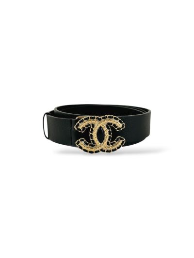 Chanel black leather belt with double gold CC 85 cm