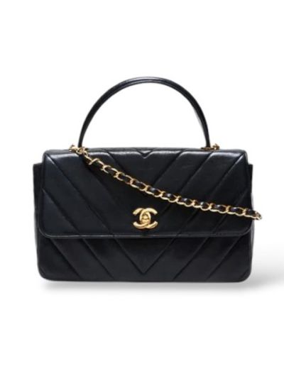 Sac à Main Chanel Vintage Chevron Flap En Cuir Noir 
