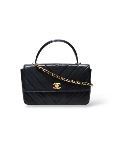 Sac à Main Chanel Vintage Chevron Flap En Cuir Noir 