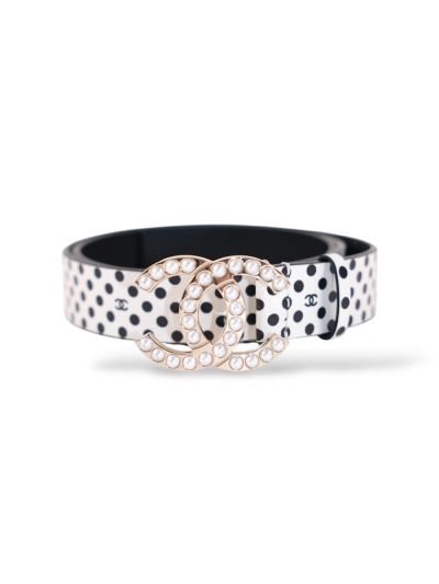 Ceinture Chanel à Pois En Cuir Noir Et Blanc Avec Perles 