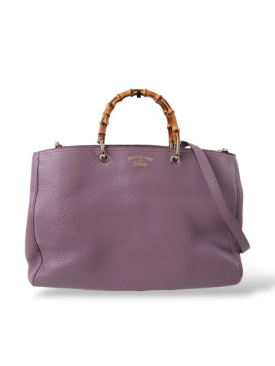 Gucci Shopper L Handbag with Bamboo in Purple Calfskin Leather