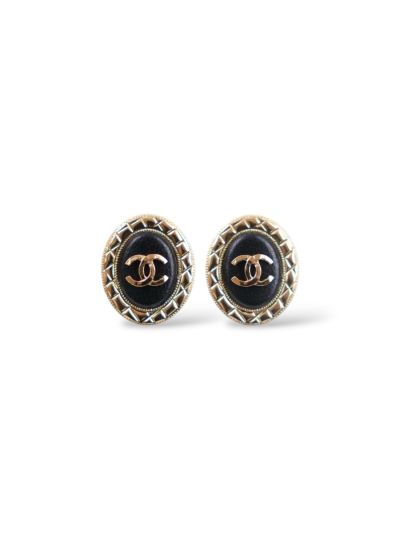 Boucles D'oreilles Chanel Ovales Cuir Noir CC Dorée