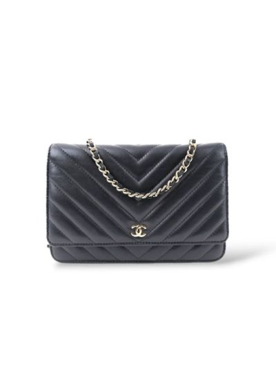 Sac à Bandoulière Chanel Wallet On Chain Cuir Noir Chevron