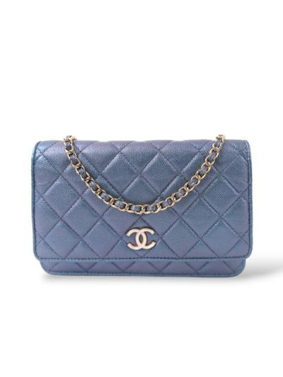 Sac à Bandoulière Chanel Wallet On Chain Cuir Caviar Bleu Métallique 