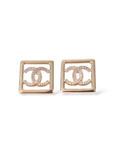 Boucles D'oreilles Chanel Maxi Carrées Champagnes Strass CC