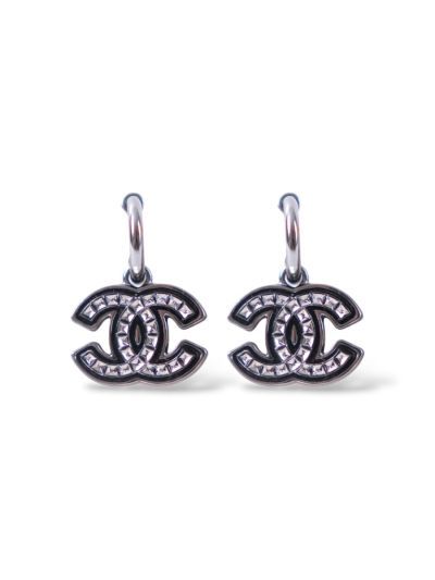 Boucles D'oreilles Chanel Double CC Noires Pendantes