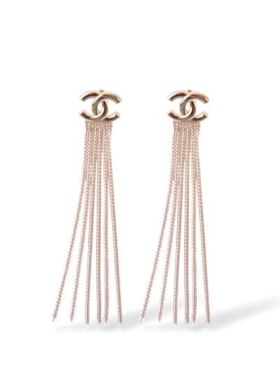 Boucles D'oreilles Chanel Maxi CC Pendantes Franges Champagne