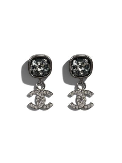 Boucles Chanel Pendantes Double CC Strass Argentés