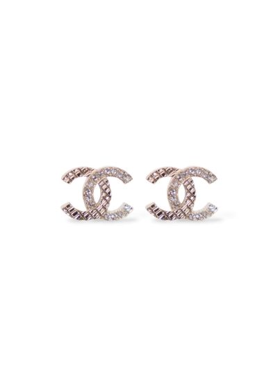 Boucles CC Chanel Strass et Gaufrage Métal Champagne