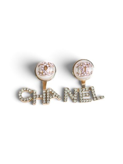 Boucle D'oreilles Chanel CC Perles Nacrées Inscription CHA NEL à Strass