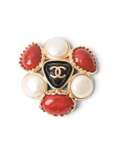Broche Chanel CC Résine Rouge et Blanche