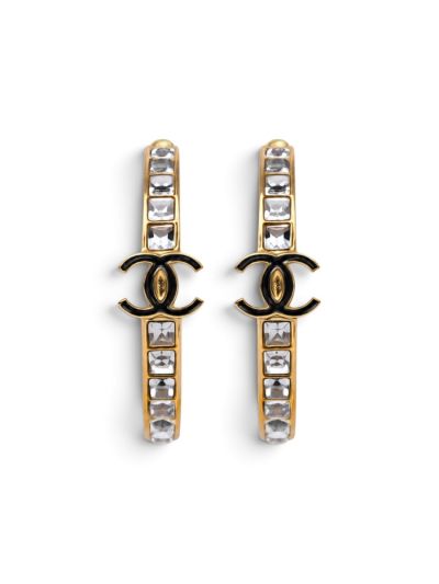 Boucles D'oreilles Créoles Chanel CC Résine noir à Strass Carrés