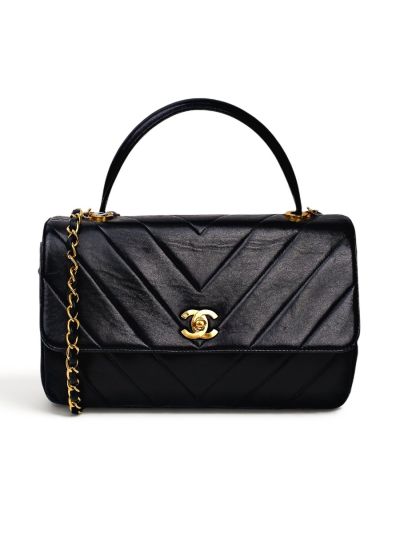 Sac à Main Chanel Vintage Chevron Flap En Cuir Noir 
