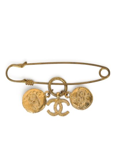 Vintage Chanel Brooch Gold-Plated Safety Pin with Charms 