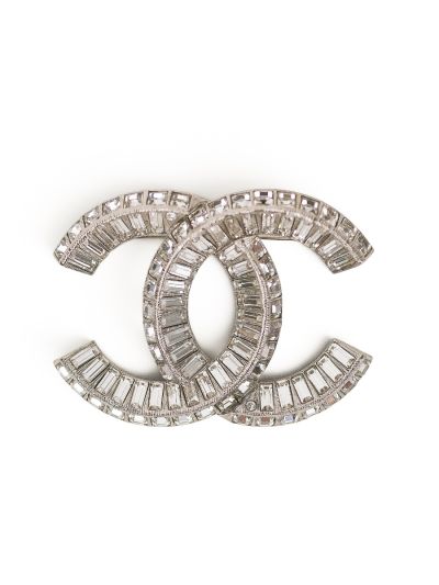 Chanel Double CC Full Rhinestone Silver Brooch