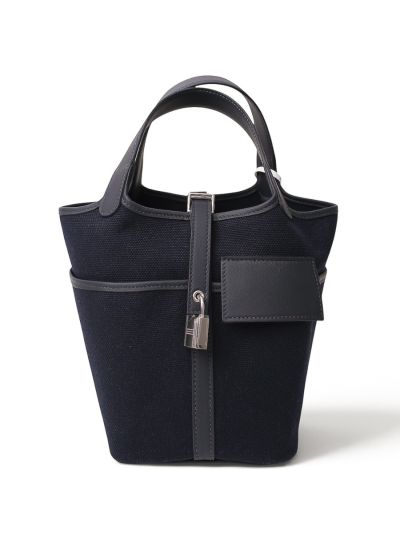 Sac à Main Hermès Picotin Lock 18 Pockets en Toile et Cuir Bleu Marine