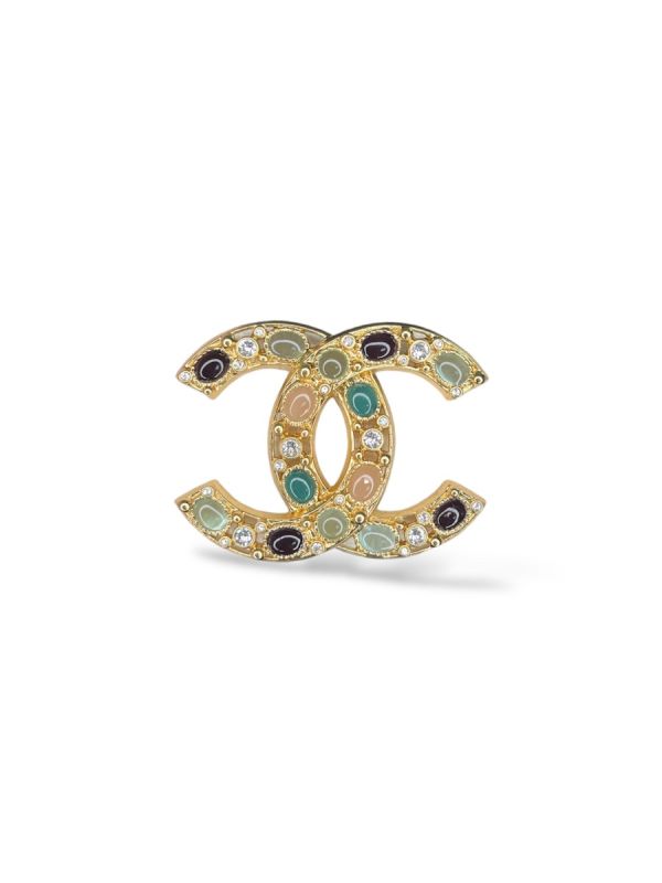 Broche Chanel CC Dorée Strass et Perles Multicouleurs