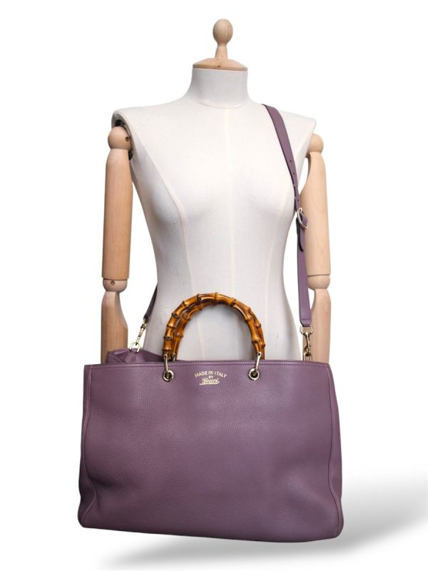 Sac Gucci Shopper L Avec Bambou En Cuir De Veau Violet