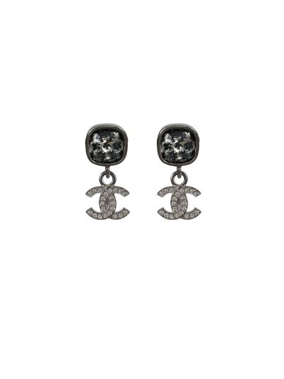 Boucles Chanel Pendantes Double CC Strass Argentés