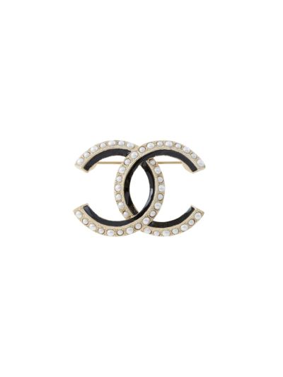 Broche Chanel Bicolore À Perles Et Email Noir