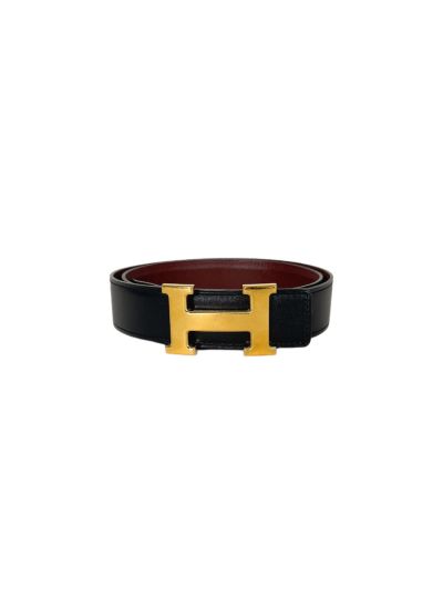 Hermès Boucle H Doré & Cuir de ceinture reversible 32mm Noir et Rouge H 85cm