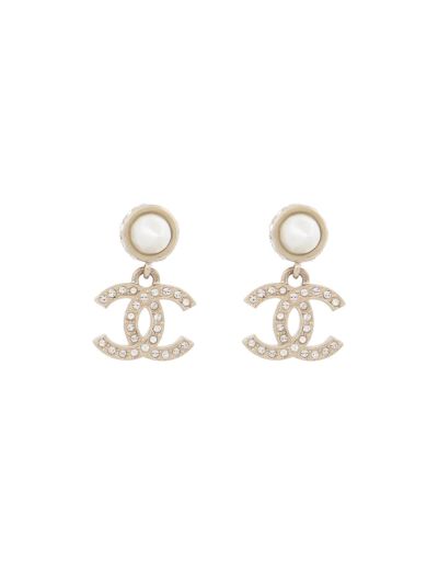 Boucles Chanel Pendantes Perles & Double CC Strass 