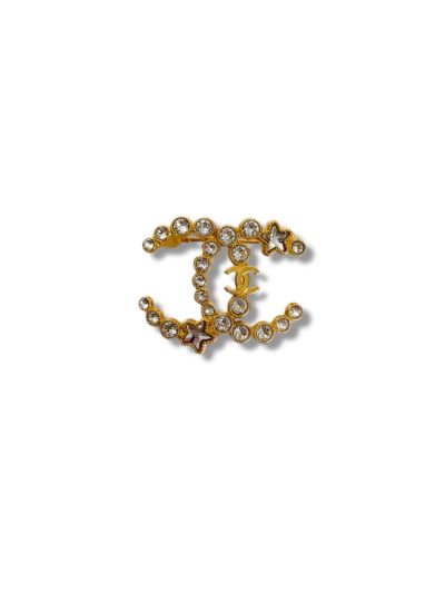 Broche Chanel Double CC Strass et Étoiles Dorée