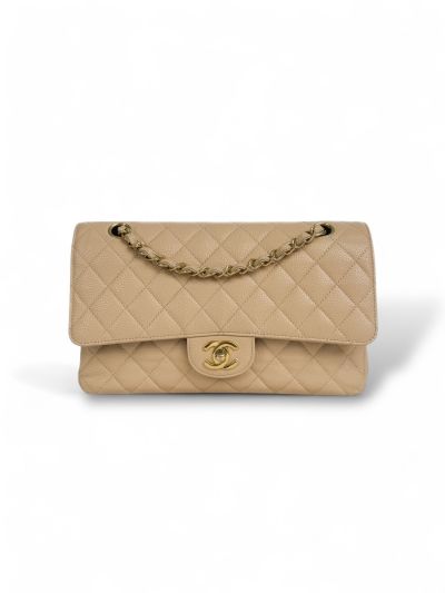 Sac Timeless Double Rabat En Cuir Caviar Beige
