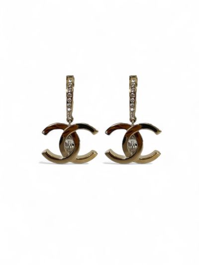 Boucles CC Pendantes Dorées Strass