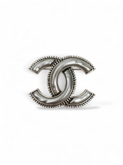 Chanel CC Silver and Silver Enamel Brooch